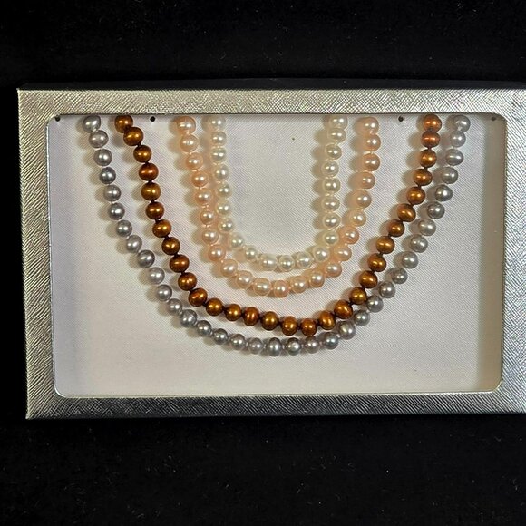 Unknown Jewelry - Set 4 Faux Pearl Necklaces White Pink Bronze Gray Beaded 17in Strand Jewelry
